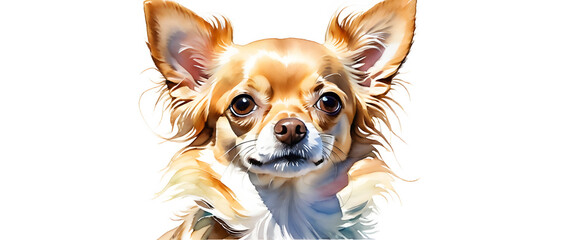 A chihuahua isolated on white background. 
The face of a brown long haired Chihuahua. Watercolor style dog illustration.