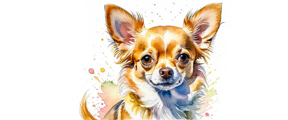 A chihuahua isolated on white background. Portrait of a long haired chihuahua with brown fur. Watercolor style dog illustration.