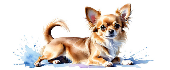 A chihuahua puppy on blue. Full length portrait of a brown long haired Chihuahua. Illustration in watercolor style.
