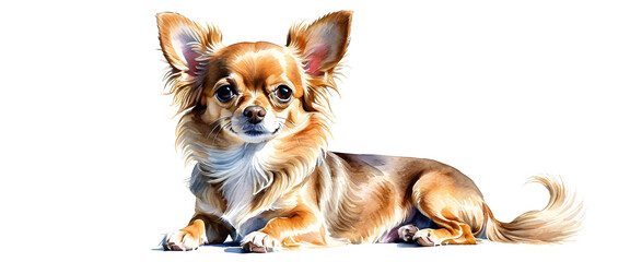 A long haired Chihuahua dog isolated on white background. Full body portrait of a cute brown dog. Illustration in watercolor style.
