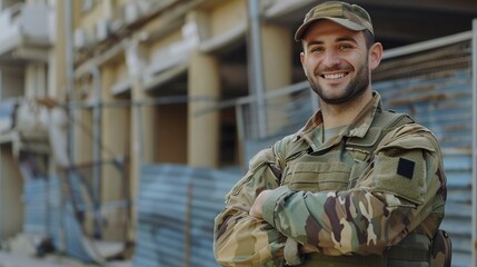 confident soldier with pride and smile, arms crossed in camouflage uniform at government agency