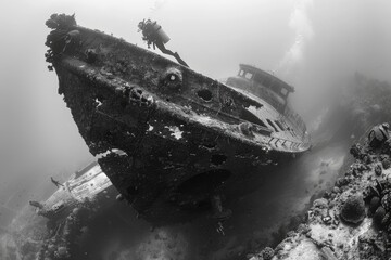 A sunken ship . a driver admiring a sunken shipwreck, emphasizing the juxtaposition of nature and history.