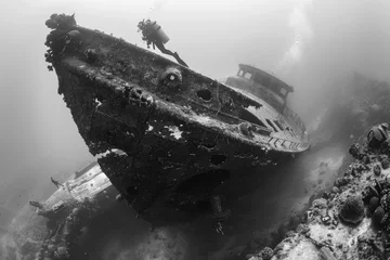 Zelfklevend Fotobehang A sunken ship . a driver admiring a sunken shipwreck, emphasizing the juxtaposition of nature and history. © Vasili