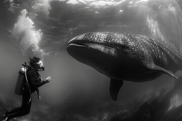 A diver comes face to face with a majestic sea creature.
