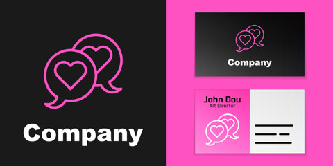 Pink line Heart in speech bubble icon isolated on black background. Happy Valentines day. Logo design template element. Vector