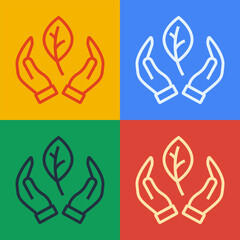 Pop art line Hand hold a leaf of the plant icon isolated on color background. Care nature. Leaf shoots with environmental protection. Vector