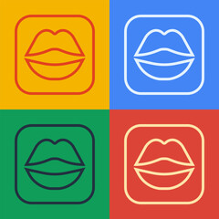 Pop art line Smiling lips icon isolated on color background. Smile symbol. Vector