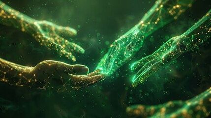 A series of hands passing a green, glowing digital token, symbolizing community investment in renewable energy projects through blockchain technology. - obrazy, fototapety, plakaty