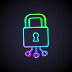 Glowing neon line Cyber security icon isolated on black background. Closed padlock on digital circuit board. Safety concept. Digital data protection. Vector