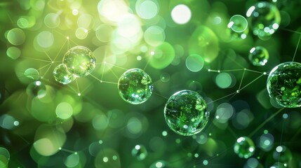 A series of interconnected green bubbles, symbolizing a decentralized, eco friendly network.