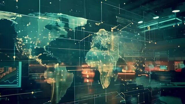 world map on holographic display in an office, futuristic newsroom studio concept