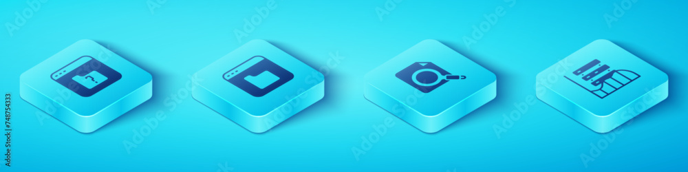 Poster set isometric file missing, browser files, server, data, web hosting and search concept with folder 