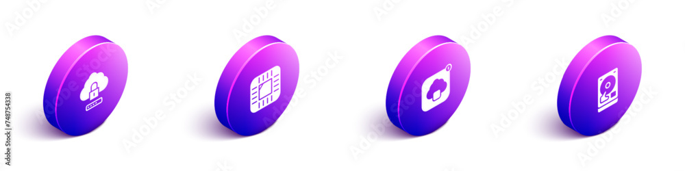 Poster set isometric cloud computing lock, processor with cpu, technology data transfer and hard disk drive