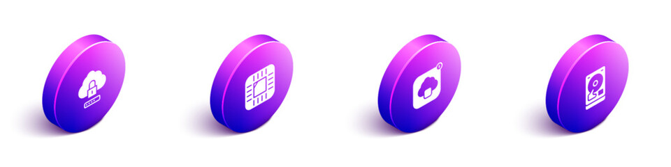 Set Isometric Cloud computing lock, Processor with CPU, technology data transfer and Hard disk drive HDD icon. Vector