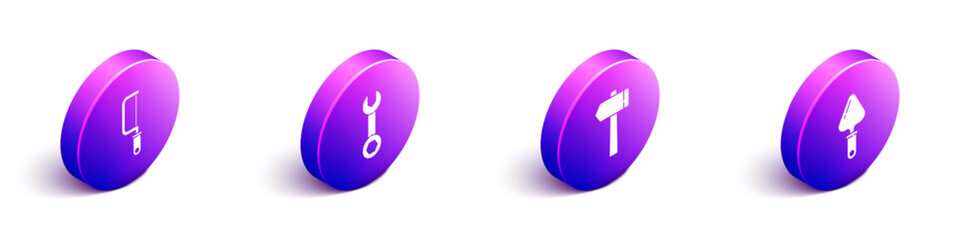 Set Isometric Hacksaw, Wrench spanner, Hammer and Trowel icon. Vector