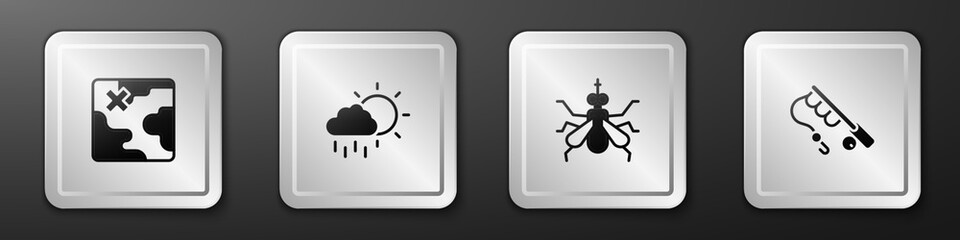 Set Africa safari map, Cloud with rain, Mosquito and Fishing rod icon. Silver square button. Vector