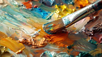 Obraz premium Artist brush mixed color oil painting on palette. Macro artist's palette. Palette with paintbrush. Artist paints a picture of oil paints.