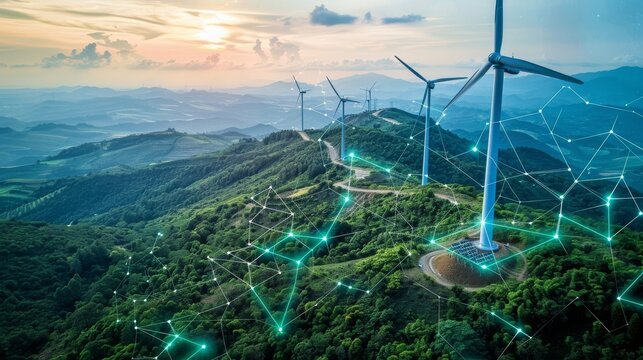 A series of renewable energy sources like wind turbines and solar panels connected through a digital network, showcasing the role of technology in promoting sustainable energy solutions.