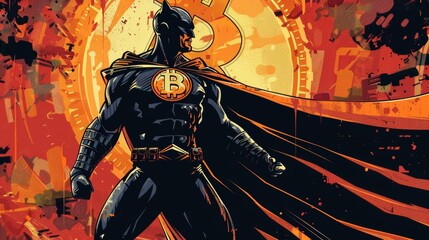 A superhero with a cape adorned with crypto symbols, fighting against regulatory violations.