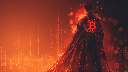 A superhero with a cape adorned with crypto symbols, fighting against regulatory violations. - obrazy, fototapety, plakaty