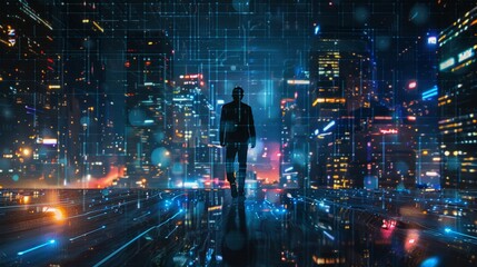 Business technology concept, Professional business man walking on future network city background and futuristic interface graphic at night,