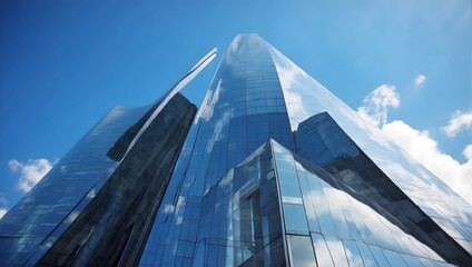 A blurred, upward perspective of a sleek, modern office tower, reflecting the blue sky and encapsulating economic and financial dynamism Generative AI