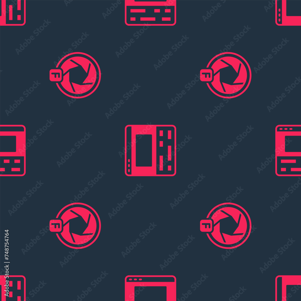 Wall mural set camera shutter and video recorder on laptop on seamless pattern. vector