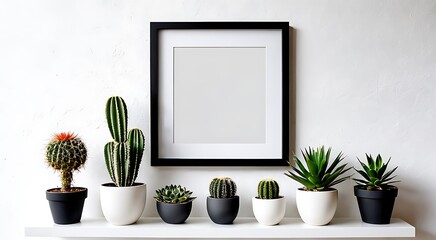 A minimalist display of various cacti and succulents in black and white pots beside a blank framed picture on a white shelf.