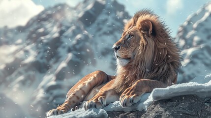 african lion sitting on snow mountains, detailed closeup of majestic predator in the winter...