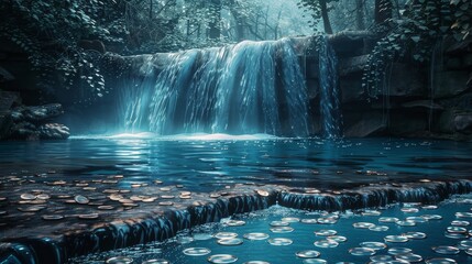A waterfall flowing into a pool, with digital coins representing water.