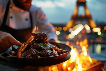 Savoring Tradition: Chef Presents a Luxurious Plate of Boeuf Bourguignon, Inviting Diners to Experience the Essence of French Culinary Heritage in Paris.