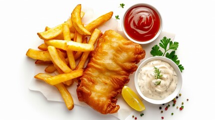 Fish and chips with french fried, and dipping sauce top view on white background