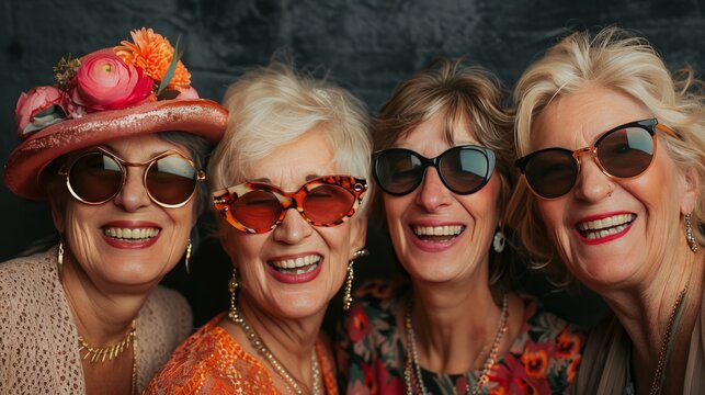 A group of women in their 50s pose playfully and playfully. Ready to record happy moments in the wedding photo booth.