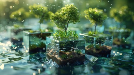An abstract representation of a blockchain, with each block containing elements of nature such as water, trees, and sunlight, to emphasize the potential of technology in supporting ecological balance.