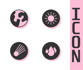 Set Water drop, Earth globe, Comet and Sun icon. Vector