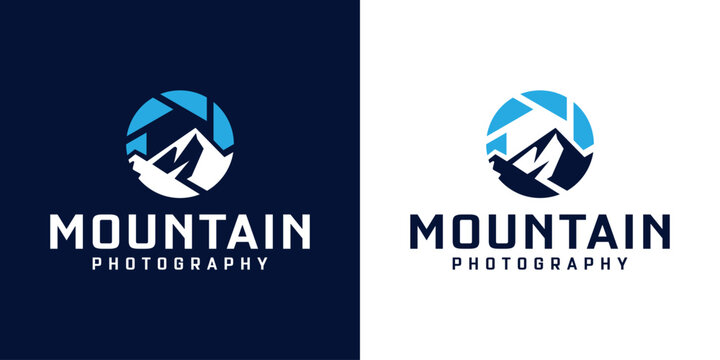 mountain and camera lens logo design inspiration for an adventure logo
