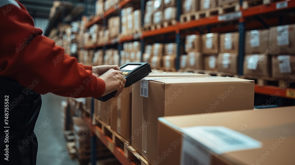 Fototapete Scanning barcodes on boxes with a barcode reader. Generative AI.