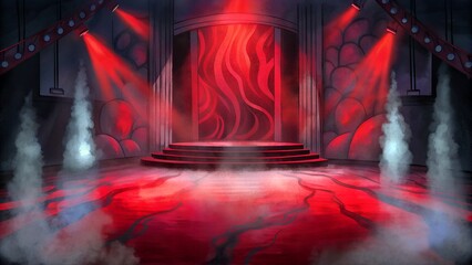 red stage, podium with smoke and fog, neon light. futuristic background with futuristic neon lights and empty space stage concert with red carpet