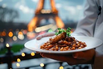 Savoring Tradition: Chef Presents a Luxurious Plate of Cassoulet, Inviting Diners to Experience the Essence of French Culinary Heritage in Paris.