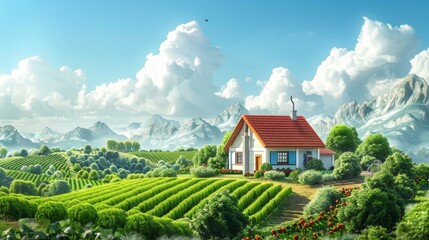 An illustration of a smart farm, where agricultural technologies are powered by renewable energy and blockchain, showcasing innovation in sustainable food production.