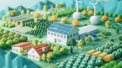 An illustration of a smart farm, where agricultural technologies are powered by renewable energy and blockchain, showcasing innovation in sustainable food production.