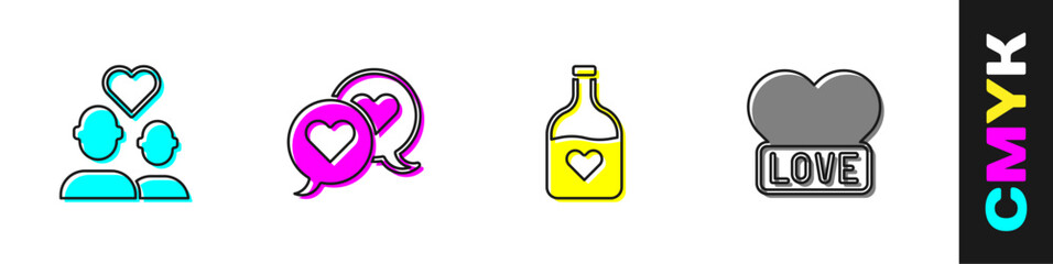Set Lover couple, Heart in speech bubble, Bottle with love potion and icon. Vector