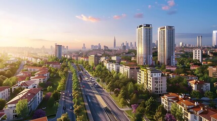 Naklejka premium A beautiful aerial view of a modern city. The city is full of tall buildings, lush trees, and wide roads.
