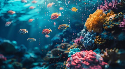 An ocean scene with fish and coral reefs made of digital pixels, highlighting the use of blockchain in monitoring and protecting marine biodiversity.