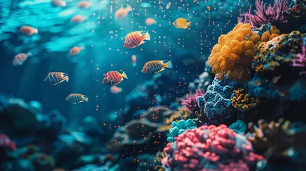 Foto op Plexiglas An ocean scene with fish and coral reefs made of digital pixels, highlighting the use of blockchain in monitoring and protecting marine biodiversity. © Exnoi