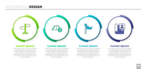 Set Road traffic sign, Toll road, Flag and Folded map with location marker. Business infographic template. Vector