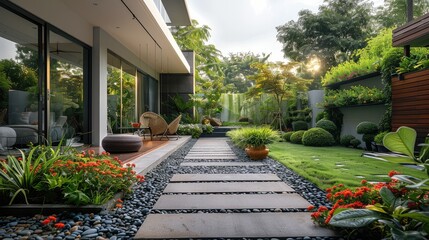 Modern house, small courtyard, small garden, with a focus on the garden landscape. Generative AI.