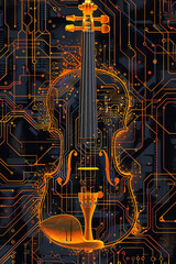 violin with circuit board structure on a black background