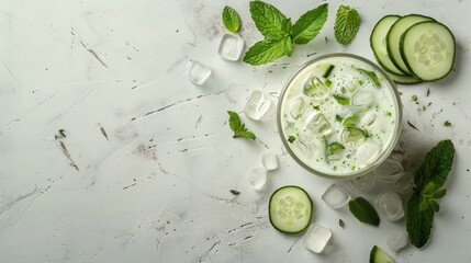 Ayran drink with cucumber and mint against a white backdrop. Generative Ai - obrazy, fototapety, plakaty