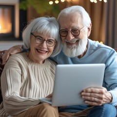 Happy senior couple surfing the internet with laptop computer